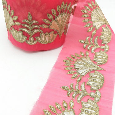 Pink Tissue Fabric Lace Trim with Gota Patti Embroidery, Foiled Embroidery in Silver, Sari Border Trim By Yard Decorative Trim Craft Lace